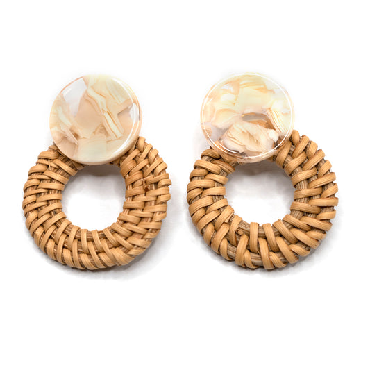 Cream Acrylic and Rattan Stud Earrings